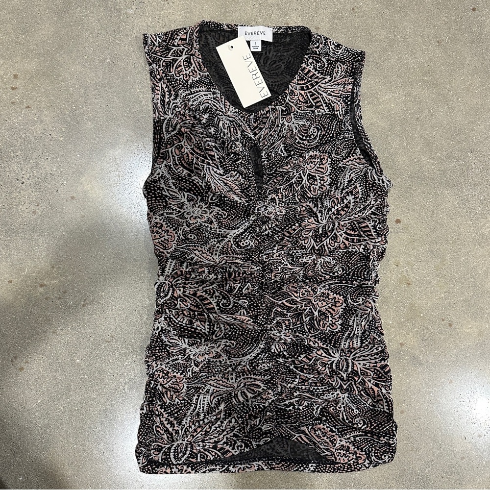 EVEREVE NWT Paisley Mesh Ruched Sleeveless Top - Black Blush Pink Floral - Small